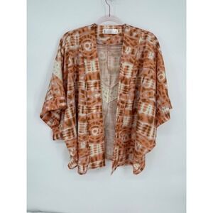 Wanderlux Kimono Sz L Topper Open Front Pink Brown Print Bohemian Jacket Pretty!